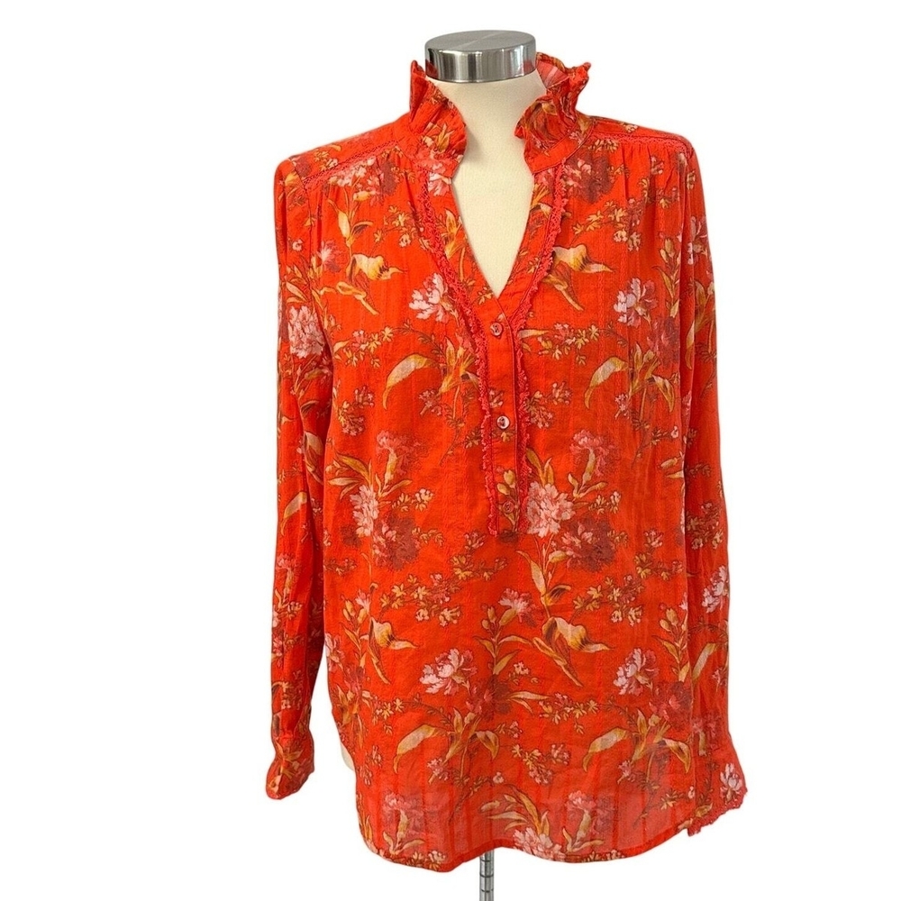 Sundance Womens High Neck Ruffle Vibrant Floral Contrast Trim Top